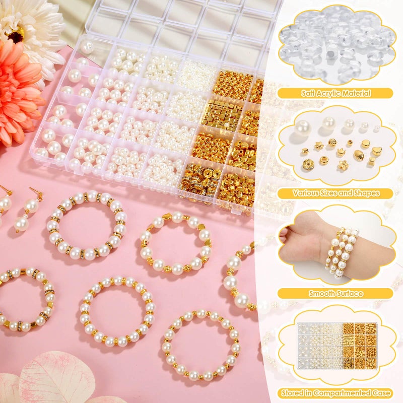shynek 1352 Pieces Gold Spacer Beads and Pearl Beads for Bracelets  Assorted Gold Beads  Pearls for Bracelet Jewelry Making - Image 4